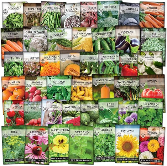 Sow Right Seeds - Complete Garden Seed Collection for Planting - 45 Non-GMO Heirloom Vegetable, Herb and Flower Varieties - Every Seed You Need to Plant and Grow a Bountiful Home Garden - Great Gift