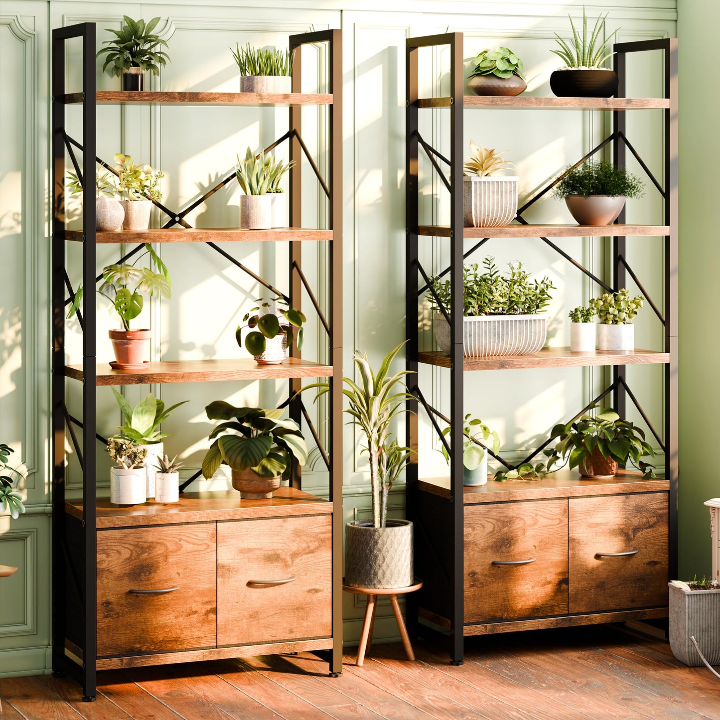 Shintenchi Book Shelf,2 Pieces Tall Bookshelf with Drawer, 5 Tier Industrial Open Standing Bookcase,Freestanding Wooden Display Shelves Storage Organizer,Rustic Brown