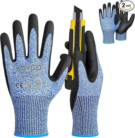 KAYGO Cut Resistant Gloves - Nitrile Micro-Foam Coated, Puncture Proof Safety Gloves for Work, Gardening, and Construction with Enhanced Grip | ANSI Cut Level A3 | KG21NB (Size M, 2 Pairs, Blue)