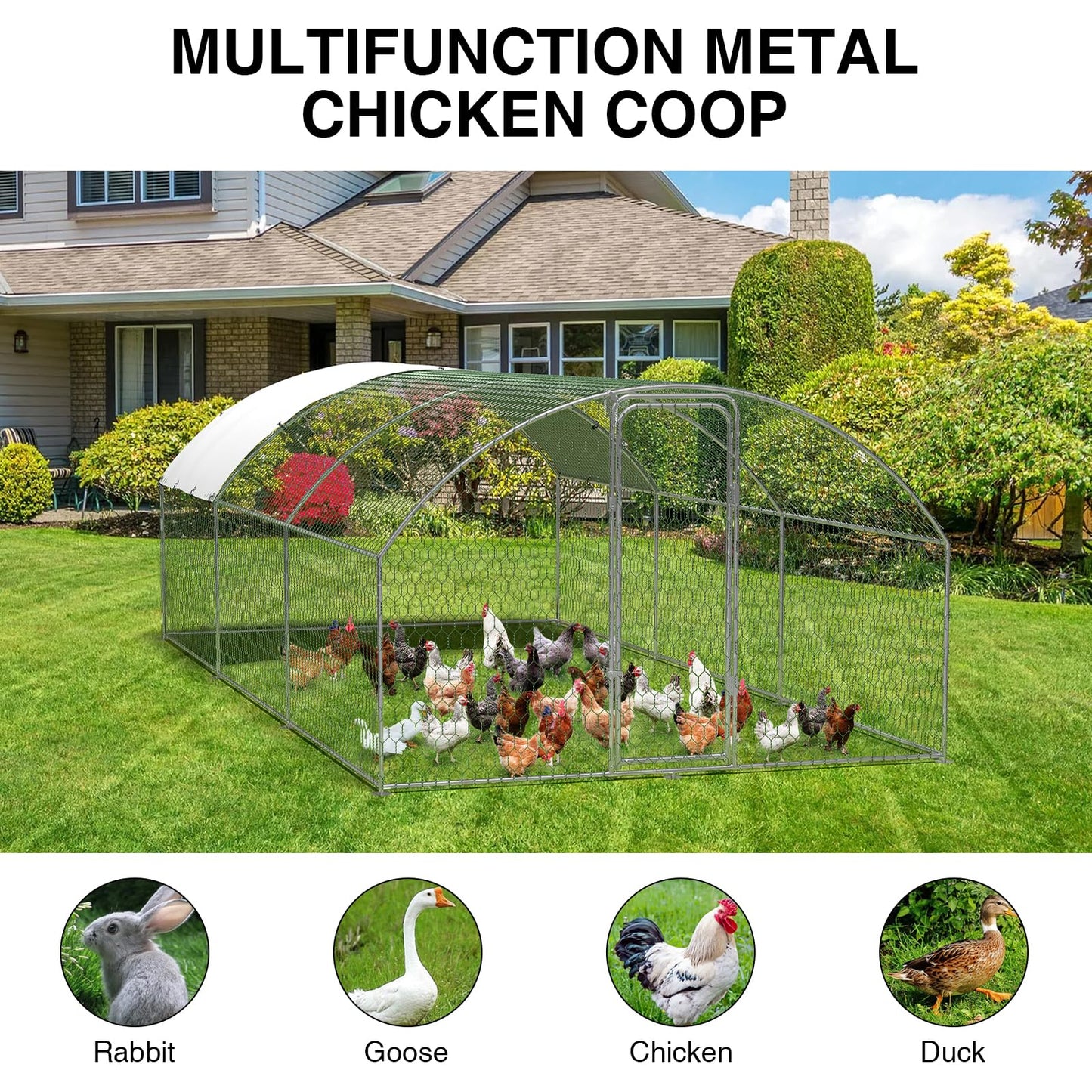 Large Metal Chicken Coop, Metal Chicken Run with Waterproof and Anti-Ultraviolet Cover for Outside, 9.8 x 19.7 x 6.5 Ft Walk-in Poultry Cage, Outdoor Chicken Pen for Backyard and Farm