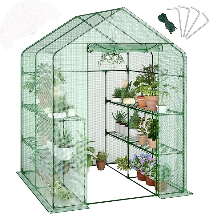 Greenhouse, 57 x 57 x 76'' Greenhouses for Outdoors, Durable Green House Kit with Window, Thicken PE Cover, 3 Tiers 12 Shelves, Portalbe Walk in Green Houses for Indoor Backyard Outside