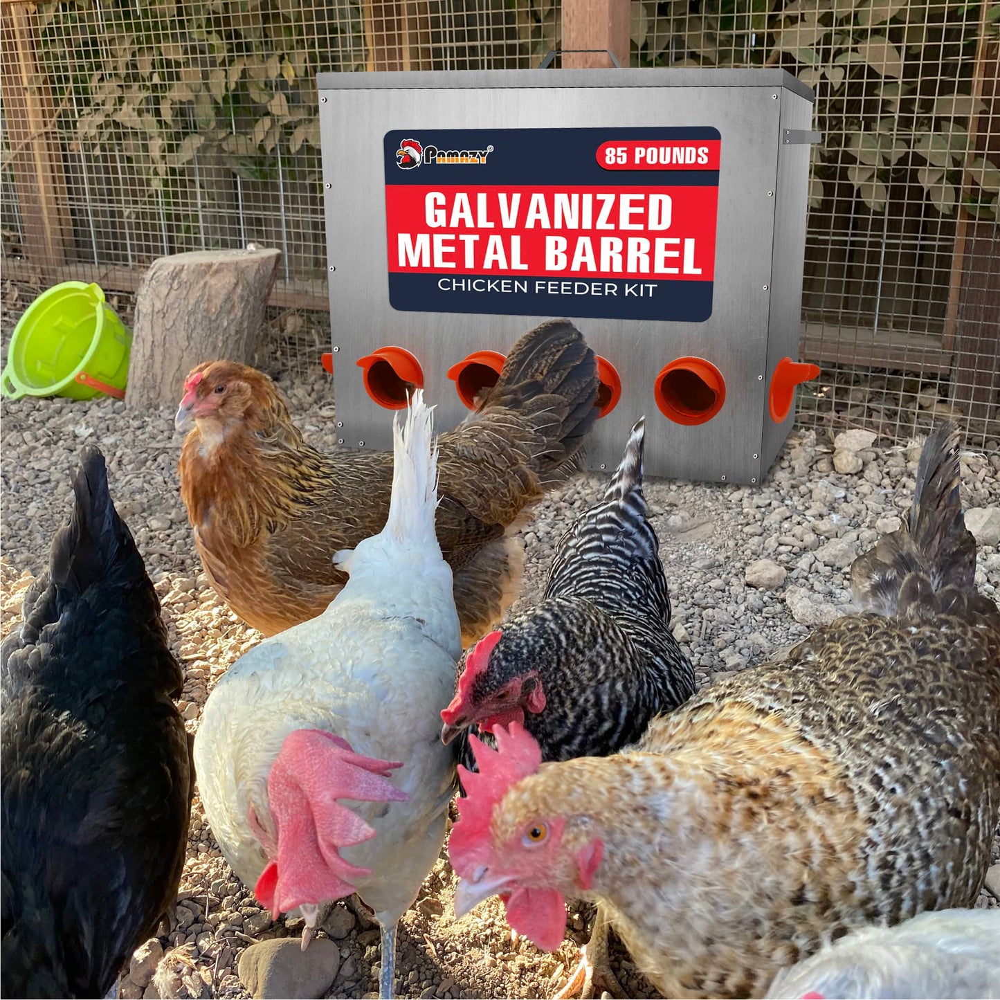 Large Capacity 85lbs Automatic Metal Poultry Feeder Set, Chicken Galvanized Trough, Chicken Feeder No Waste, Rainproof Poultry Feeders, Preventing Small Animals, Suitable for Chickens, Ducks, Turkeys