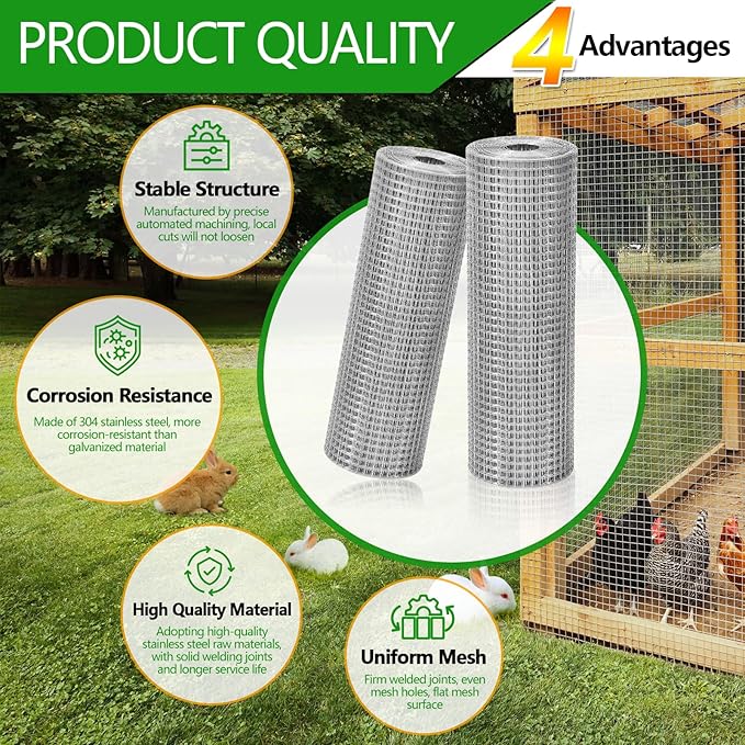 Hardware Cloth 1/2 inch 20 Gauge Large size304 Stainless Steel mesh Chicken Wire Welded Fencing Wire Mesh Roll Garden Fence 24in×48ft