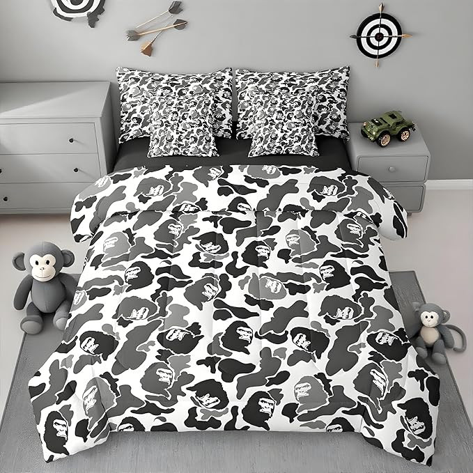 Feelyou Camo Comforter Set with Sheets 7 Piece Twin Size Camouflage Bedding Set for Kids Boys Girls Camo Monkey Bed in a Bag Hunting Room Decor Grey and Black Soft Lightweight Microfiber