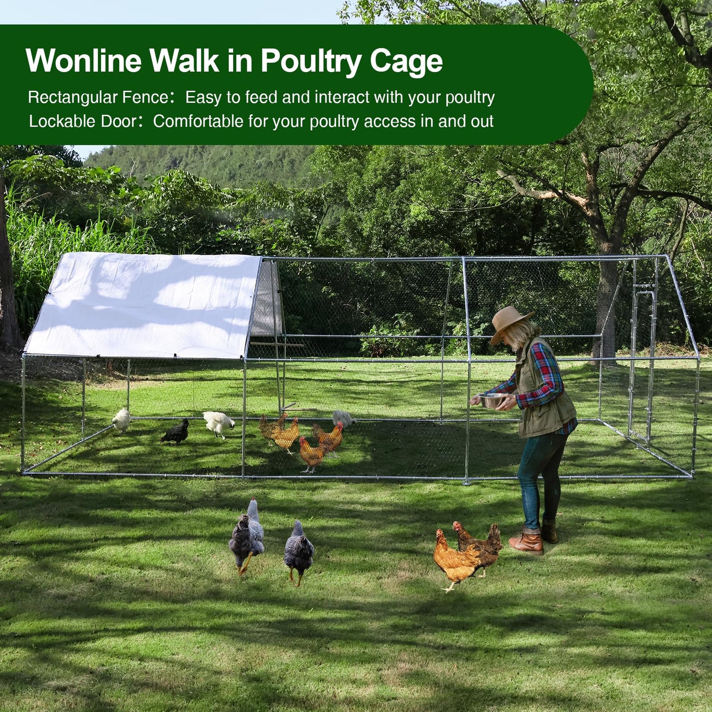 Chicken Coop Large Metal Chicken House/Pen with Climbing Frame for 15-20 Chickens, Outdoor Walk-in Poultry Cage Flat Shape for Ducks, Rabbits, Dogs Etc, Silver (236" L x 117.6" W x 78.7" H)