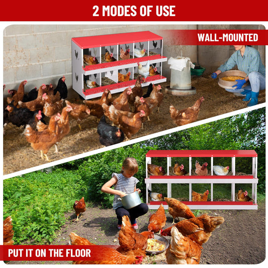 GarveeLife Nesting Boxes for Chickens, 10 Compartment Chicken Nesting Box, Metal Chicken Laying Boxes with Perch, Secure Lid, Versatile Wall Mount or Free Standing for Hens, Red