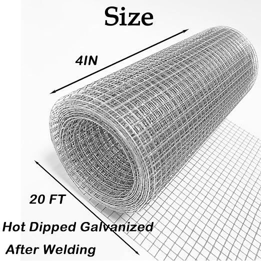 4inch x 20ft Hardware Cloth 1/4 inch Chicken Wire Fencing 23Ga, Hot Dipped Galvanized After Welding Garden Plant Supports Welded Metal Chicken Wire Fence, Poultry Animal Netting Cage Screen