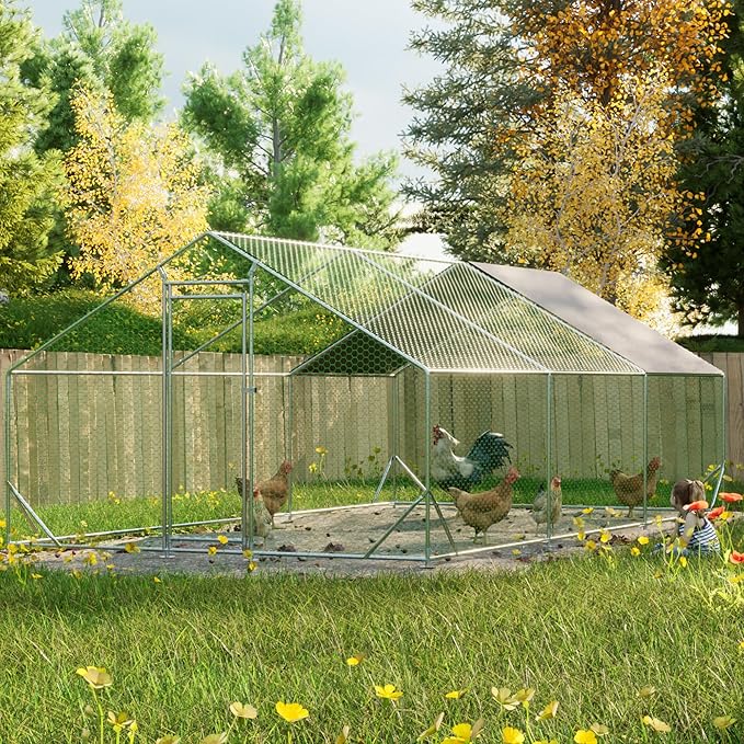 Large Chicken Coop,Metal Chicken Run for Yard with Door,Outdoor Galvanized Wire Poultry Chicken House with Waterproof and Anti-UV Cover,Duck Rabbit Cage (10' L x 20' W x 6.56' H)