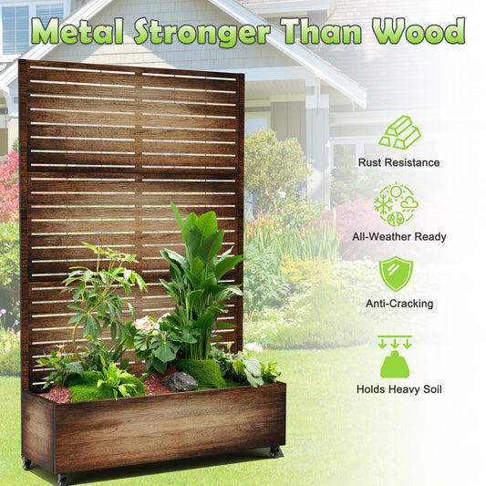 15.7"×70.9"×47.2" Metal Raised Garden Bed with Trellis and Wheels - Tall Trellis Planter Box for Climbing Plants, Vegetables & Vines - Outdoor Privacy Planters for Patio (Acacia Wood Grain-Louvered)