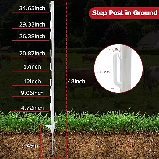 50 Pack Electric Fence Posts, 48 Inch Plastic Step in Fence Post, Temporary Fence Posts for Farm Protection and Livestock, White