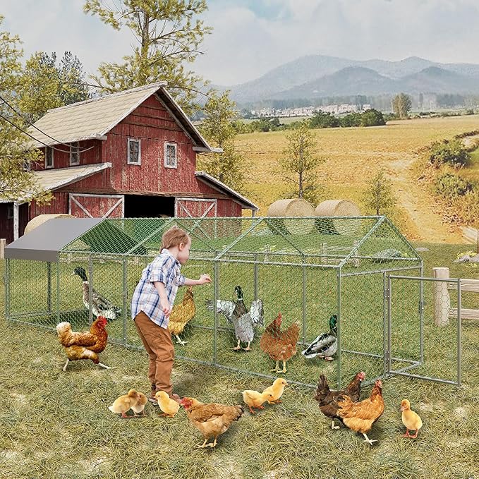 Metal Chicken Coop, 160" x40" x40" Large Chicken Run with 4 Doors, Outdoor Hen House for Yard with Waterproof and Anti-UV Cover, Walk in Poultry Cage for Rabbit Duck Goose, Silver