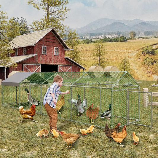 Metal Chicken Coop with Waterproof and Anti-UV Cover, 160" x40" x40" Large Chicken Run with 4 Doors, Outdoor Chicken Coop for Yard, Walk in Poultry Cage for Rabbit Duck Goose, Silver
