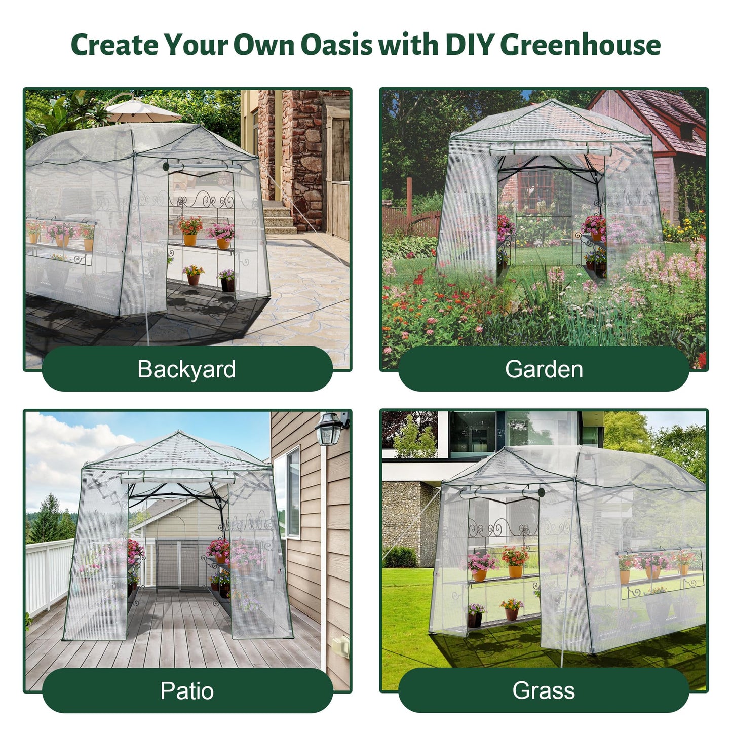 Yardsight 8.5 x 7 FT Walk-in Greenhouse, Portable Pop-up Green House 3 Adjustable Hights Heavy Duty Plant Gardening Canopy with Durable PE Cover for Indoor Outdoor (Clear and White)