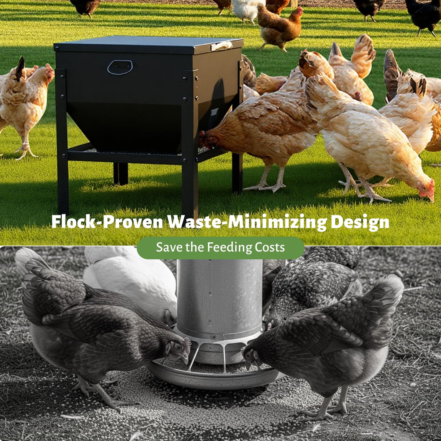 KOL 80LBs Chicken Feeder No-Waste, Galvanized Steel Large Capacity Chicken Feeder, Portable Poultry Feeder with Waterproof Lid for Hens and Roosters, Coops & Outdoors