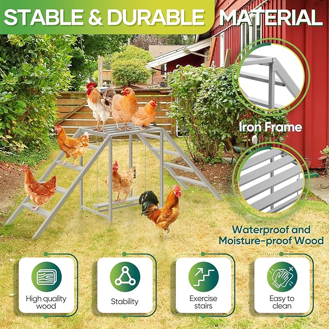 Chicken Coop Perches with Swing, Chicken Roosting Bars, Chicken Run Accessories Toy, Wooden Chicken Ladder for Pet's Healthy & Happy, Sturdy and Easy to Clean, Suitable for Backyard Farm,Gray