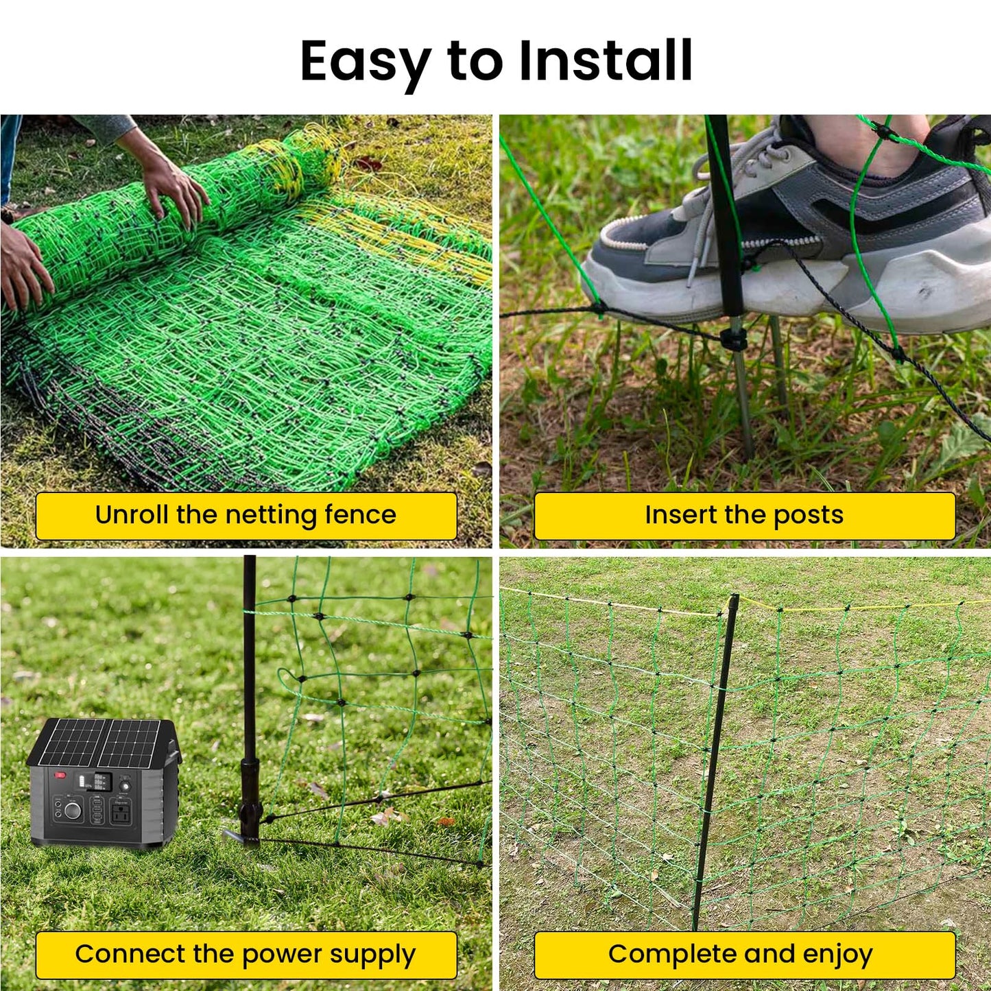 Electric Fence Netting, 164'L x 35.4" H Movable Livestock Nets for Sheep, Hogs, Cattle, PE Net Fencing Kit with 14 Posts Double Spiked, Electric Fencing for Backyards, Homesteaders, Farms Ranches