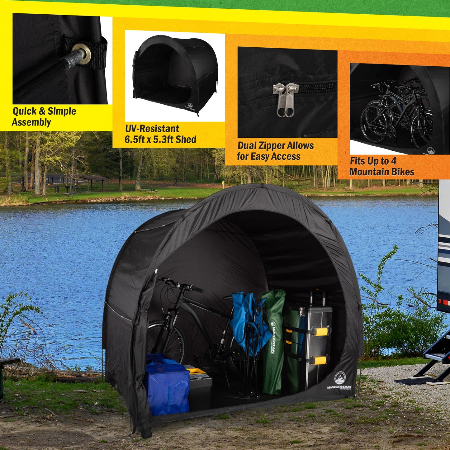Bike Storage Shed - 6.5x5.3x5.3 Bike Cover Holds up to 4 Bicycles - Water and UV-Resistant Pop Up Tent with Carry Bag by Wakeman Outdoors (Black)
