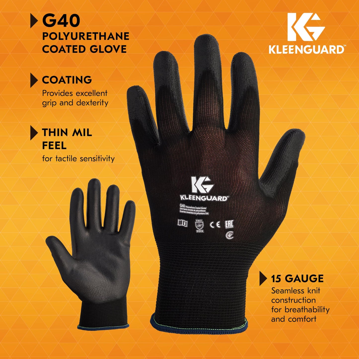 KLEENGUARD G40 Polyurethane Coated Gloves (13840), Size 10 (XL), High Dexterity, Black, 12 Pairs / Bag, 5 Bags / Case, 60 Pairs