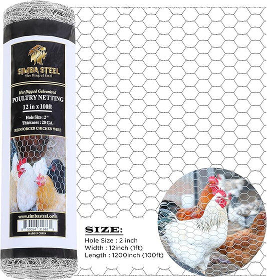 Chicken Wire 12 in x 100 FT x 2” Mesh x 20GA | Poultry Wire Netting | Hot Dipped Galvanised | Hexagonal Galvanized Mesh for Chicken Coop, Rabbit Cage, Fence Barrier PM12x100x2