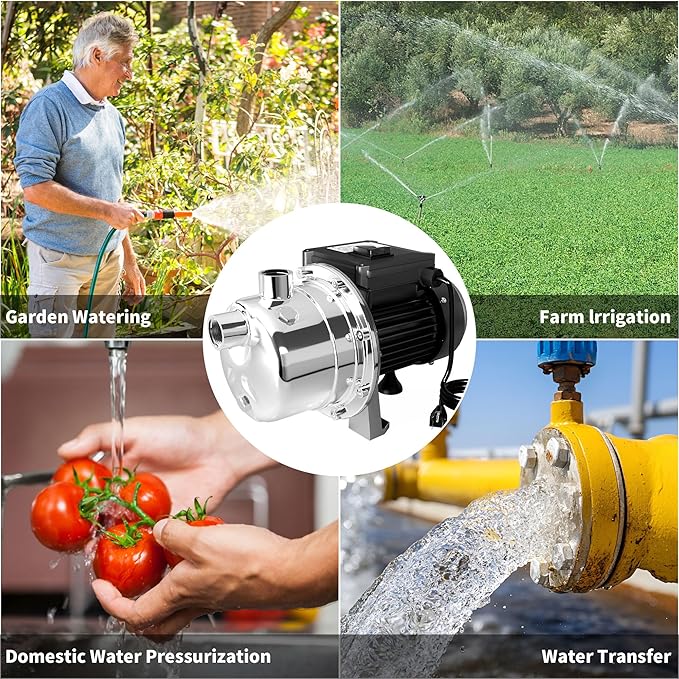 LANCHEZ 1/2 HP Shallow Well Garden Pump, Portable Stainless Steel Water Transfer Draining Irrigation Pump for Lawn Fountain, 960 GPH, 125 Feet Height