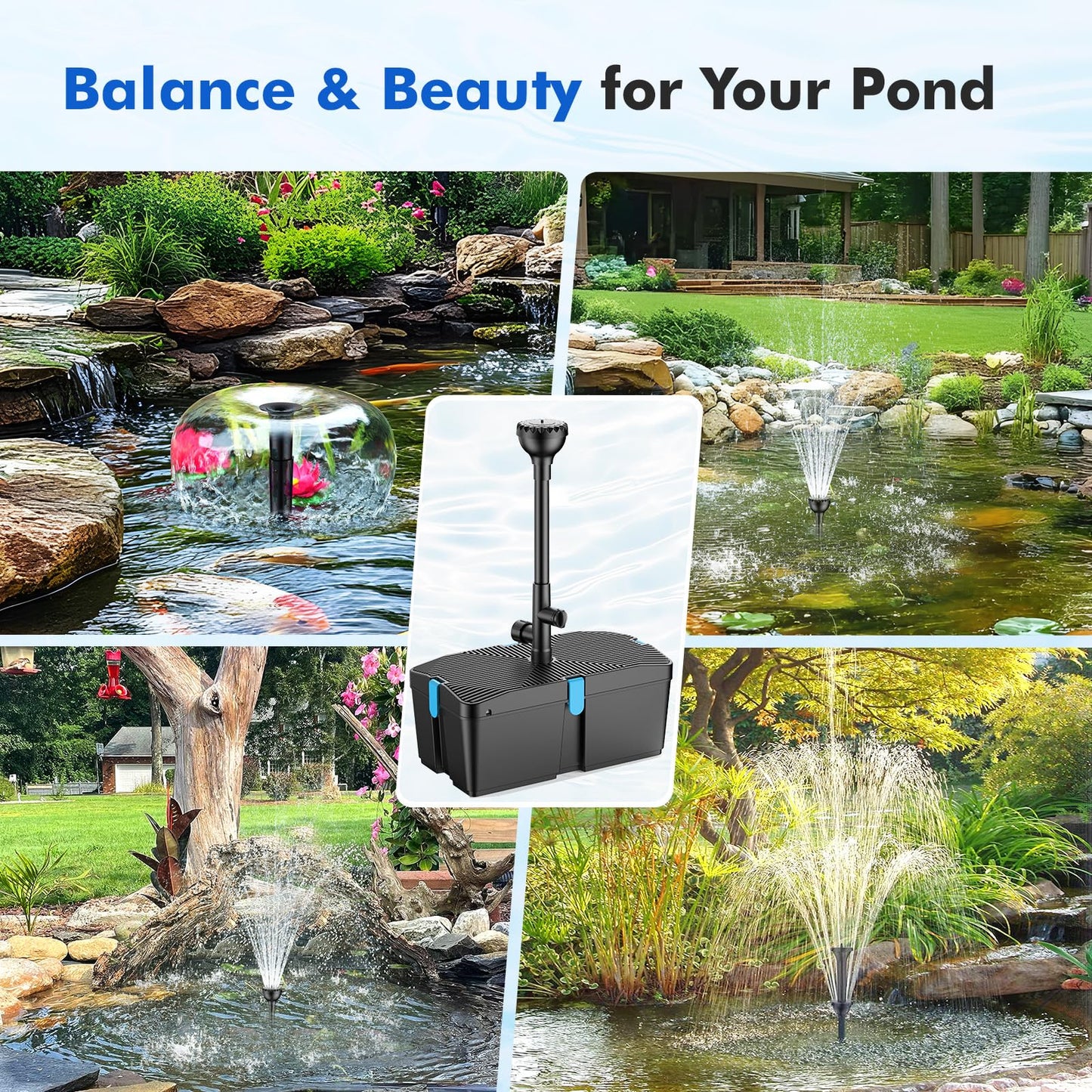 FEOXSHAL Pond Filter with Fountain Pump Kits, 50W Pond Pump and Filter Kit with Submersible Water Pump Flow Ajustable