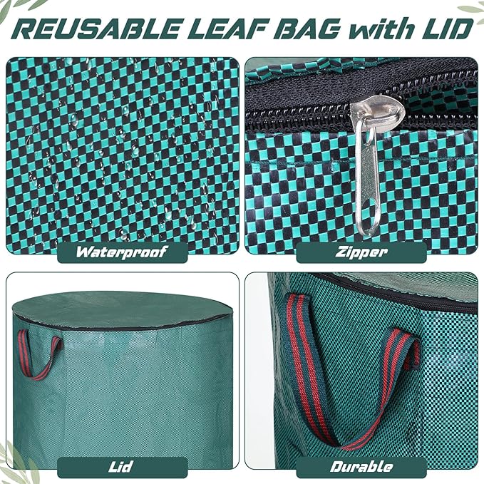 Eaasty 6 Pack 72 Gallon Leaf Bags Collapsible Lawn Bags Reusable Garden Bags Heavy Duty Yard Waste Bags Leaf Container with Zippered Lid Handle 6 Pairs Gardening Gloves for Cleaning Debris Trash