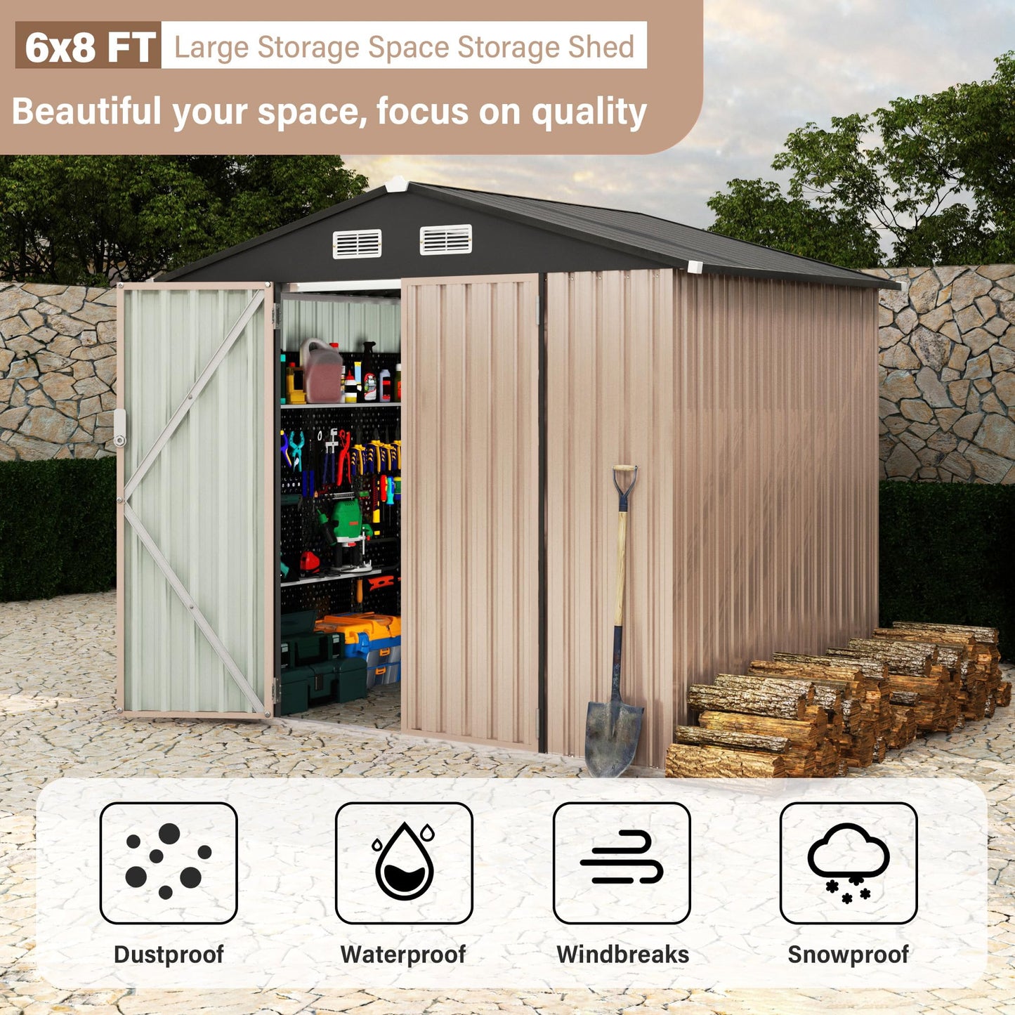 GarveeLife 6x8x6.4 FT Outdoor Storage Sheds, Metal Garden Tool Shed for Backyard, Large Metal Sheds Outdoor Storage with Lockable Doors & Air Vents for Backyard Garden Patio Lawn