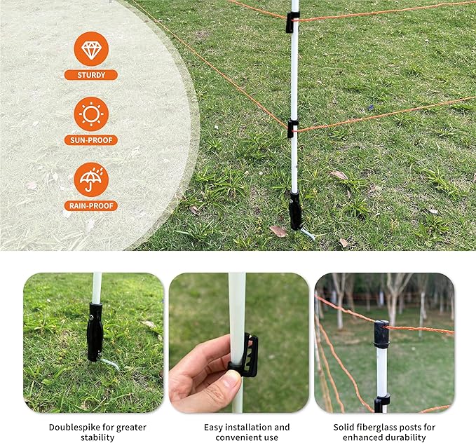 60'' Fiberglass Electric Fence Posts with Double Spikes for Animals, Garden Protection, etc. - 12 Posts Come with 60 Clips