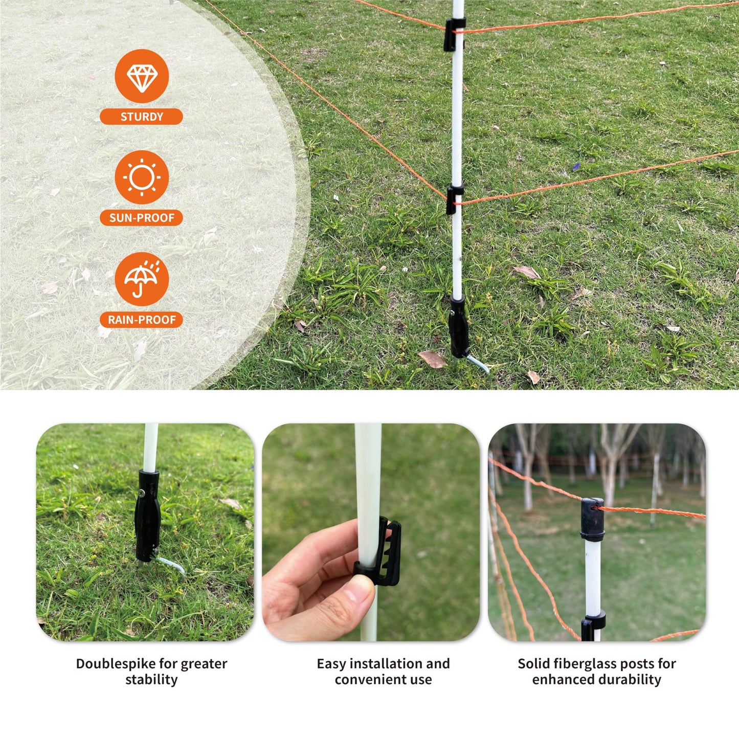 60'' Fiberglass Electric Fence Posts with Double Spikes for Animals, Garden Protection, etc. - 36 Posts Come with 180 Clips