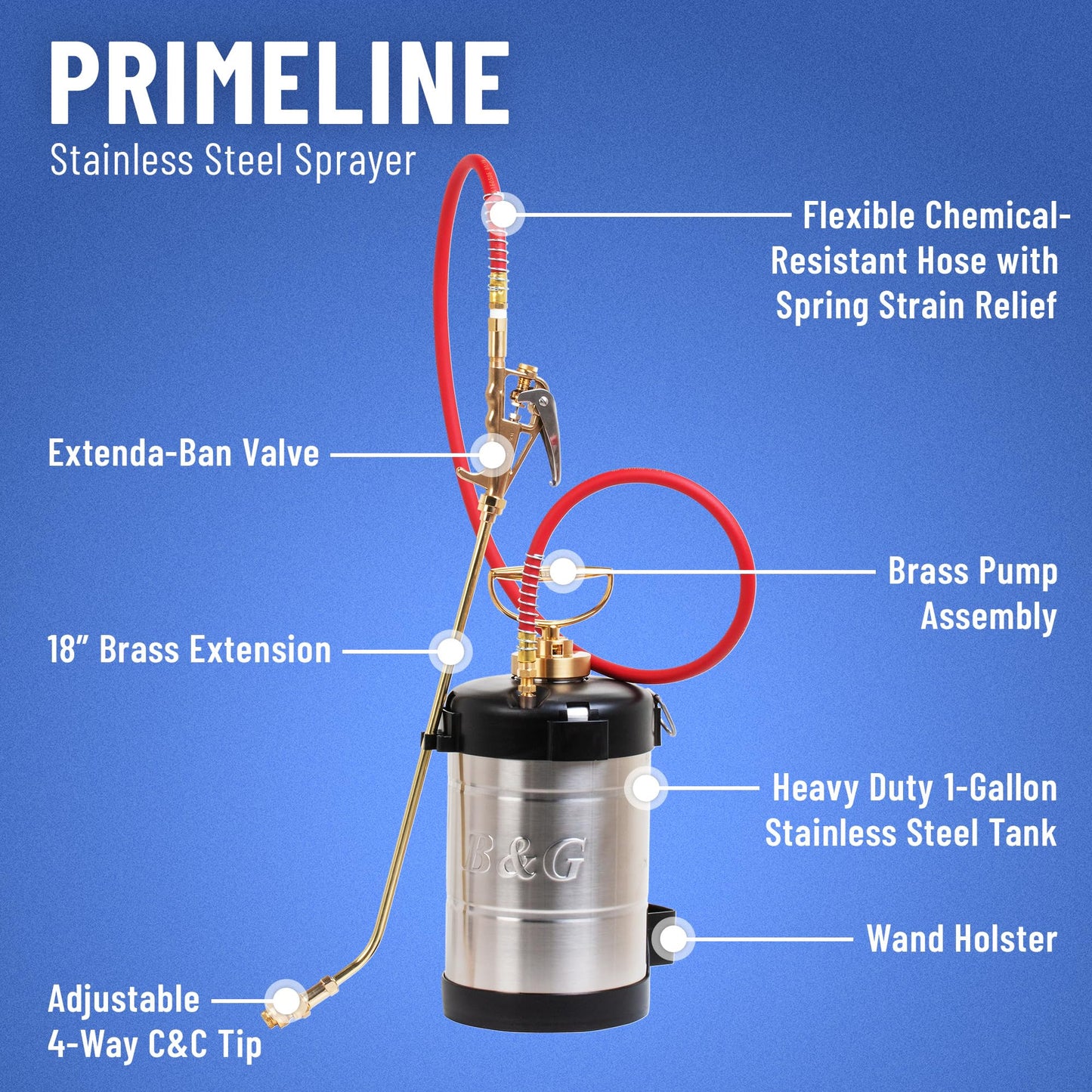 B&G - Primeline 1 Gallon Stainless Steel Sprayer (N124-CC-18) - Extenda-Ban Valve - 18" Brass Extension - 4-Way Crack & Crevice Tip - Durable, Precise, Field Repairable