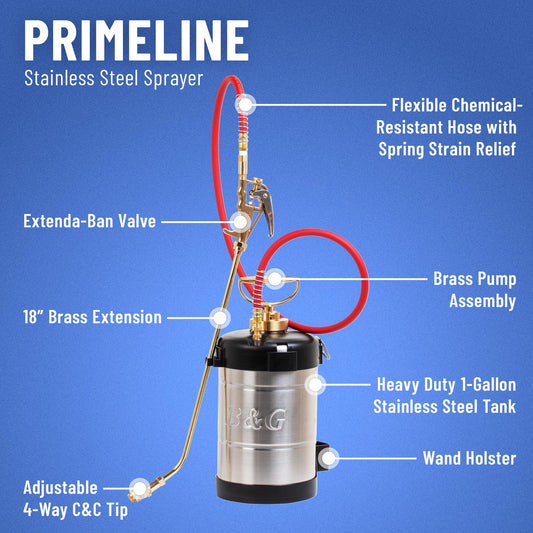B&G - Primeline 1 Gallon Stainless Steel Sprayer (N124-CC-18) - Extenda-Ban Valve - 18" Brass Extension - 4-Way Crack & Crevice Tip - Durable, Precise, Field Repairable