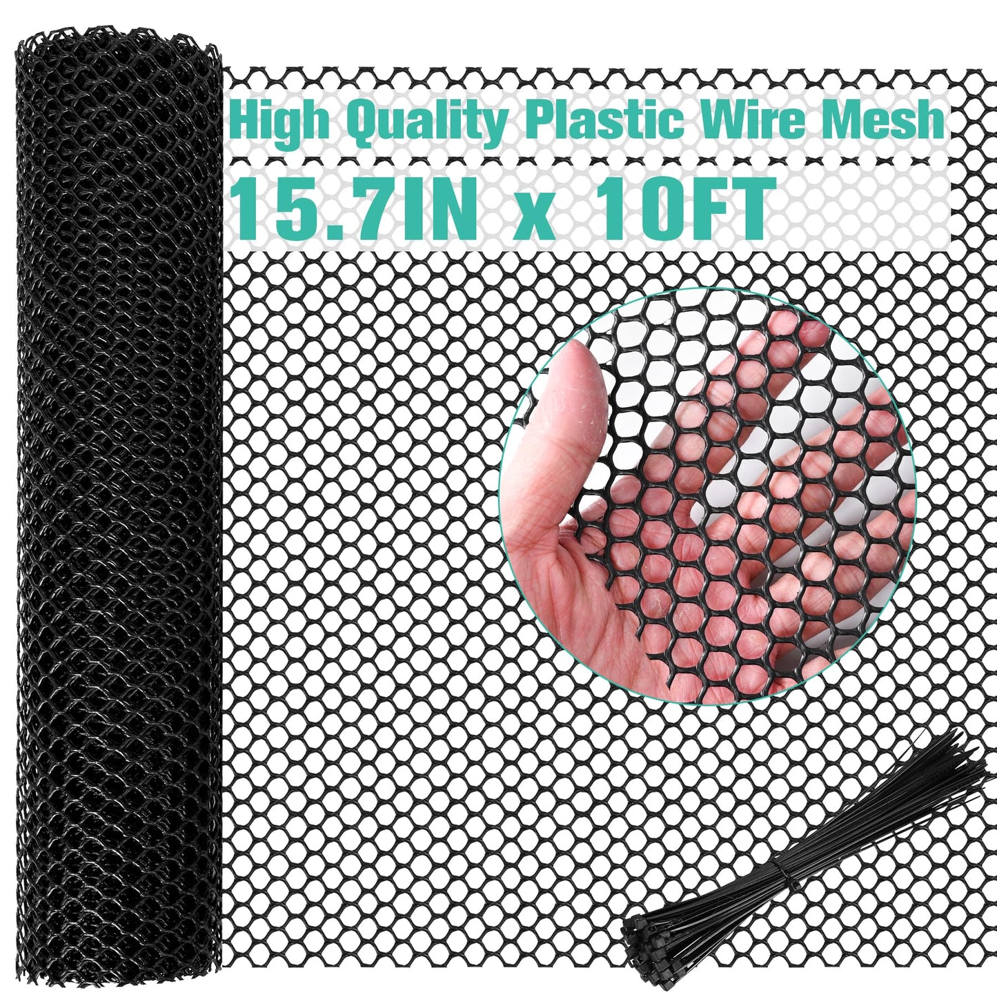 Plastic Mesh Fence Sheet 15.7IN x 10FT - 0.3IN Opening Plastic Chicken Wire Netting Roll Durable for Dogs, Poultry, Puppy, Garden Snake Barrier with 50 Pcs Zip Ties - Black