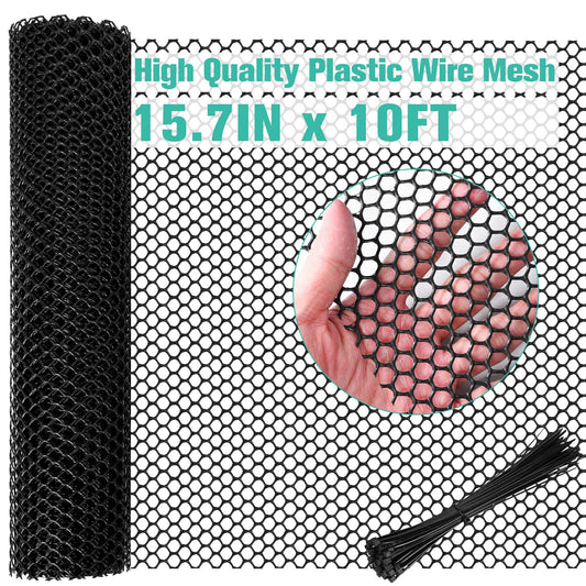 Plastic Mesh Fence Sheet 15.7IN x 10FT - 0.3IN Opening Plastic Chicken Wire Netting Roll Durable for Dogs, Poultry, Puppy, Garden Snake Barrier with 50 Pcs Zip Ties - Black