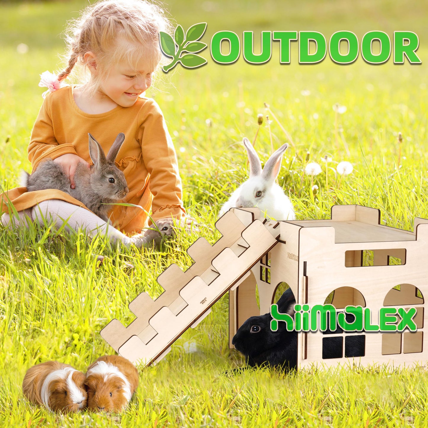 HIIMALEX Extra Large Sturdy Bunny Hideout Wooden Rabbit Castle with Ramp Indoor House Habitat for Rabbits Hamsters Guinea Pigs Ferrets Bunnies