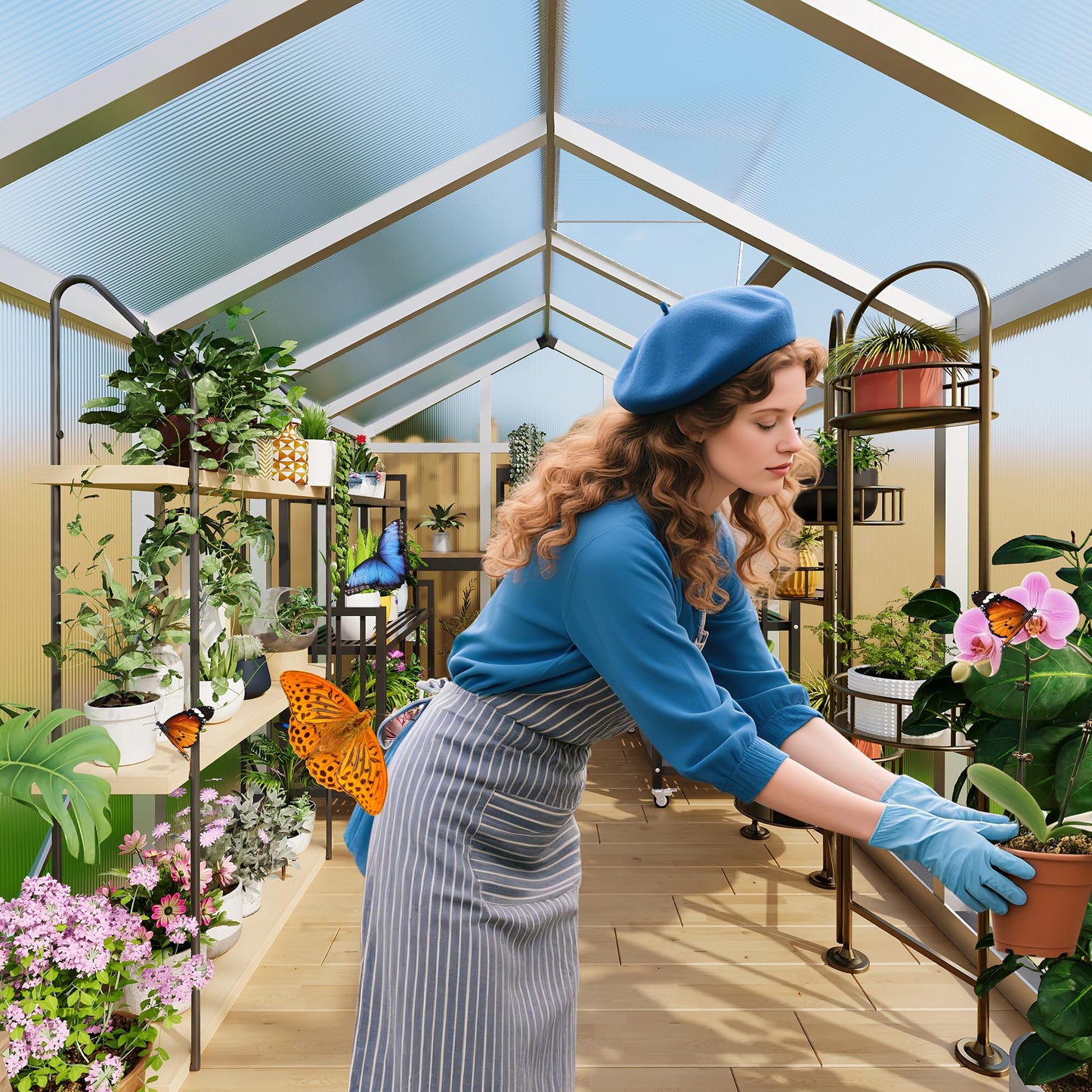 6x10 FT Greenhouse, Easy Assembly Aluminum Polycarbonate Greenhouses for Outdoors with Roof Vent and Ground Nails, Heavy Duty Aluminum Walk-in Greenhouse for Backyard, Sliding Lockable Door, Silver