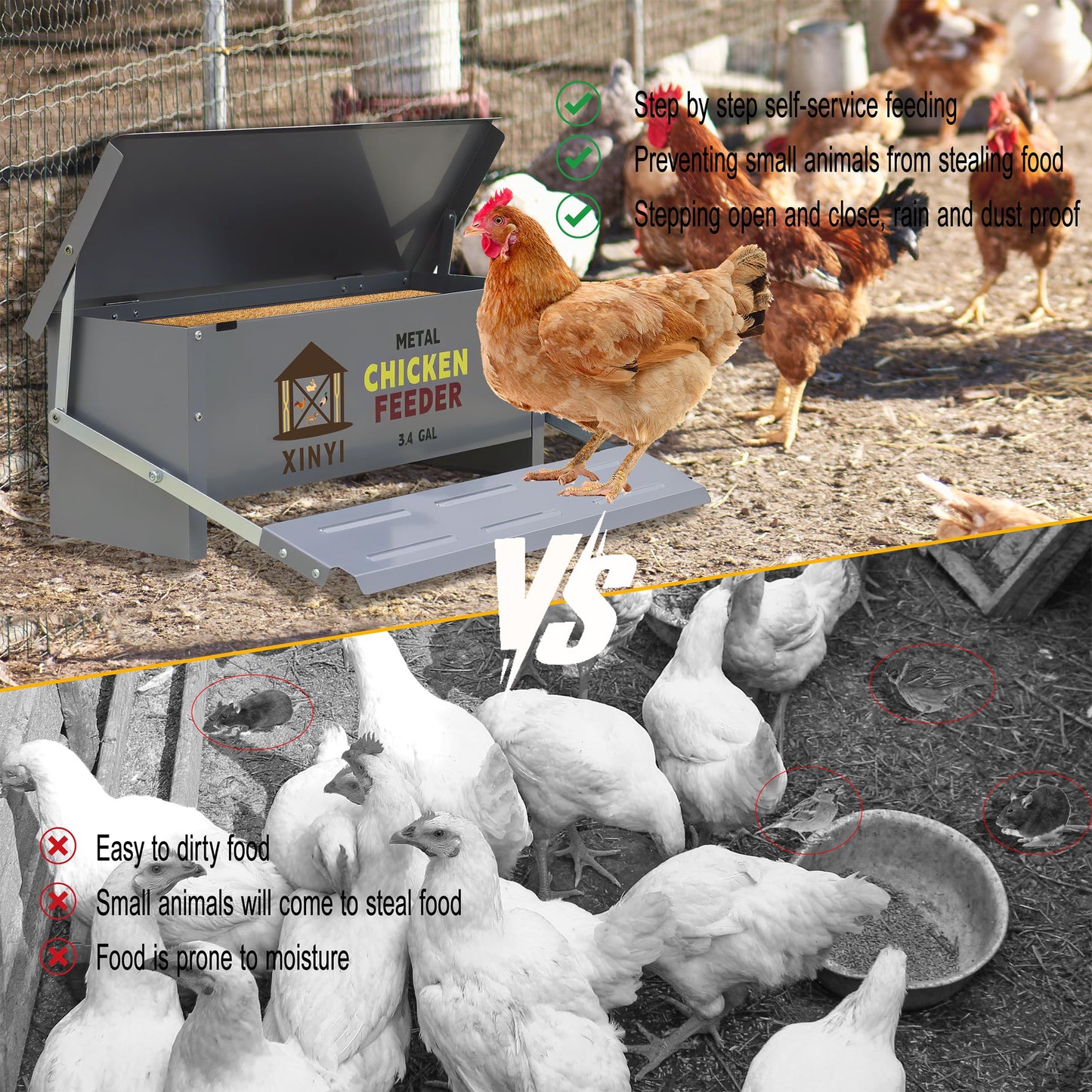 Automatic Treadle Chicken Feeder,25 Lbs No Waste No Spill Rodent Proof Chicken Feeder with Weatherproof Lid,Chicken Supplies for Your Chickens, Duck Feeder 3.4Gal