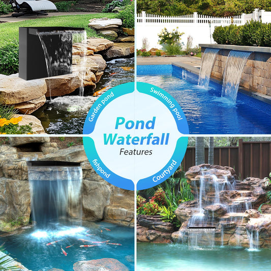 POPOSOAP 70W Solar Pond Waterfall Spillway Kit, 304 Stainless Steel Pondless Waterfall Box with 10FT Corrugated Tubing, 4 Pcs Filter Brushes, 580GPH Solar Powered Water Pump for Garden Ponds