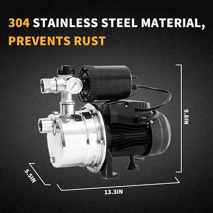 3/4 HP Water Pressure Booster Pump for House, Shallow Well Pump with Pressure Tank, Stainless Steel 1050 GPH 110V Auto On/Off Water Booster Pump, Irrigation Garden Sprinkler Pump for Home
