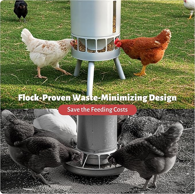 KOL Metal Chicken Feeder No Waste - 50lbs Poultry Feeder with 16 Ports, Powder Coated Rust-Proof Design & Smooth Edges for Safe Feeding (Jade White)