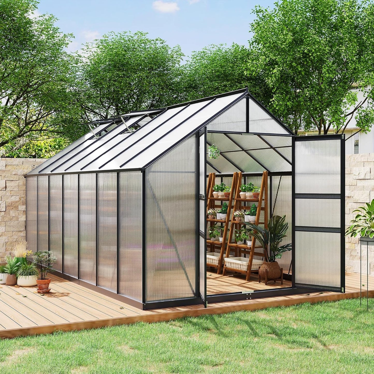 Greenhouse Large Walk-in Green House with Aluminum Frame, Polycarbonate Roof Vent & Wind Resistant, Backyard Garden Greenhouse Kit for All Weather