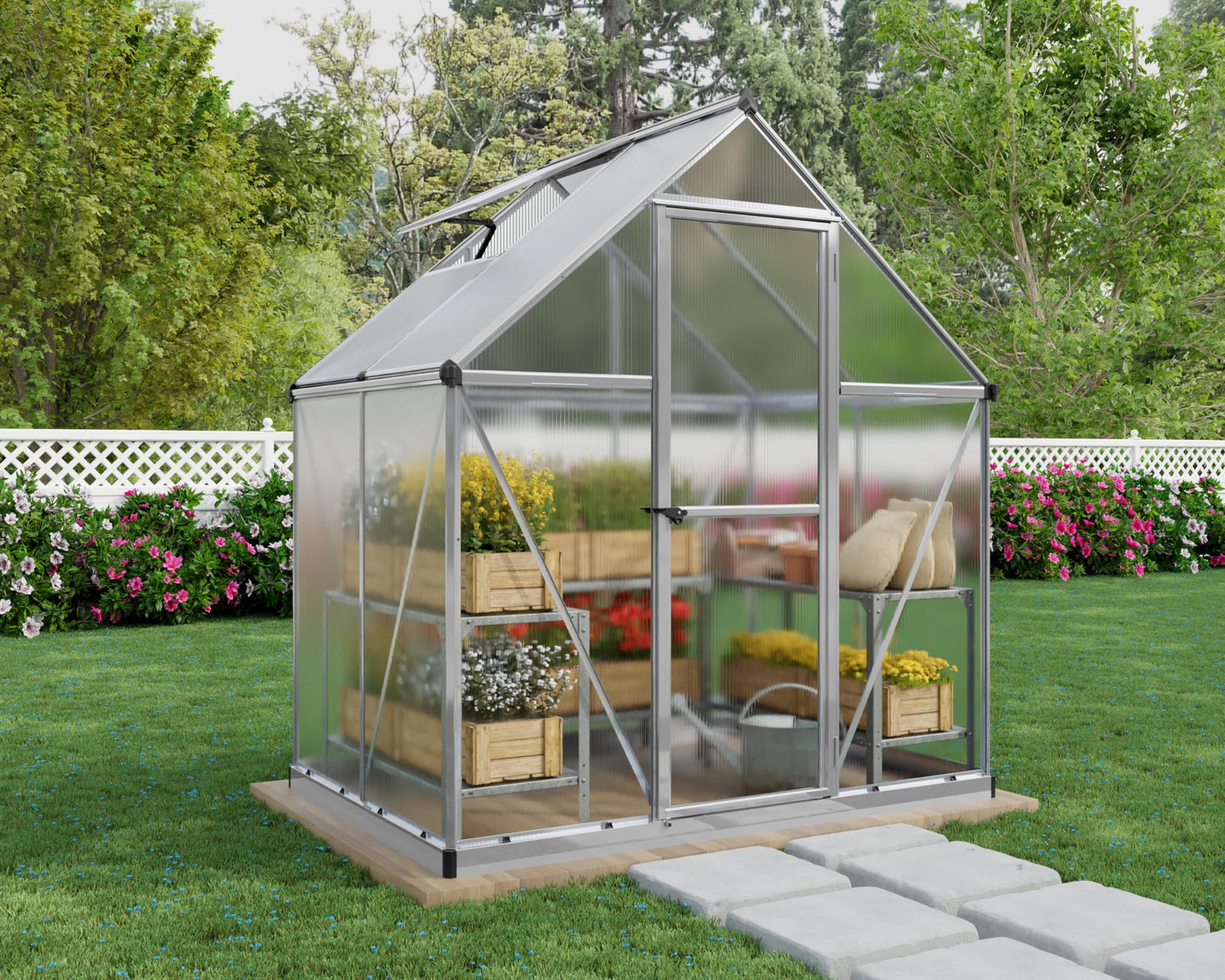 Canopia 6x4 Greenhouse Kit, Hobby Walk-In Twin-Wall UV Polycarbonate Heavy Duty Aluminum Frame, Lockable Door, Adjustable Roof Vent, Rain Gutters, Galvanized Steel Base, Canopia Mythos (Silver)