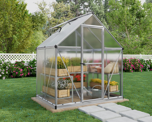 Canopia 6x4 Greenhouse Kit, Hobby Walk-In Twin-Wall UV Polycarbonate Heavy Duty Aluminum Frame, Lockable Door, Adjustable Roof Vent, Rain Gutters, Galvanized Steel Base, Canopia Mythos (Silver)