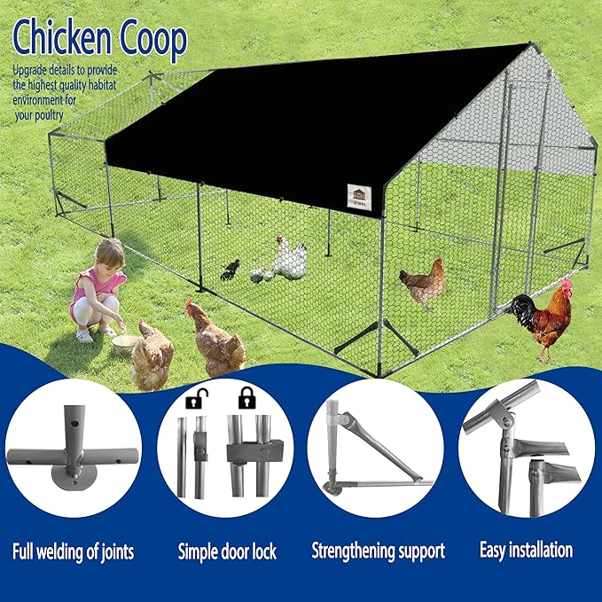 Chicken Coop Large Metal Chicken Run, Upgraded Anti-UV 180g/㎡ PE cloth & 1.1mm Thickened PVC-Coated hexagonal chicken Wire Mesh & More Galvanized Steel Standpipes, walk-in chicken coop, 19.7×9.8×6.4FT