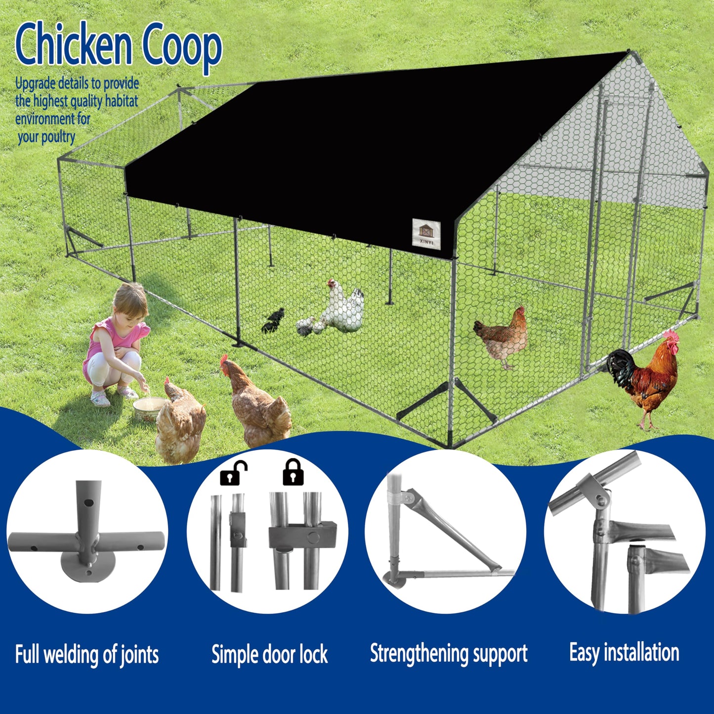 Chicken Coop Large Metal Chicken Run, Upgraded Anti-UV 180g/㎡ PE cloth & 1.1mm Thickened PVC-Coated hexagonal chicken Wire Mesh & More Galvanized Steel Standpipes, walk-in chicken coop, 19.7×9.8×6.4FT
