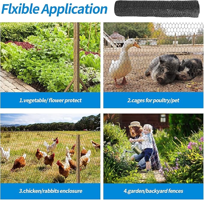 24'' x 50' Black Chicken Wire Fencing, 1 inch Chicken Wire and 20 Gauge Poultry Netting, Garden Mesh Fence Roll for Floral Arrangements,Crafts, Farm,Livestock,Pet Protection