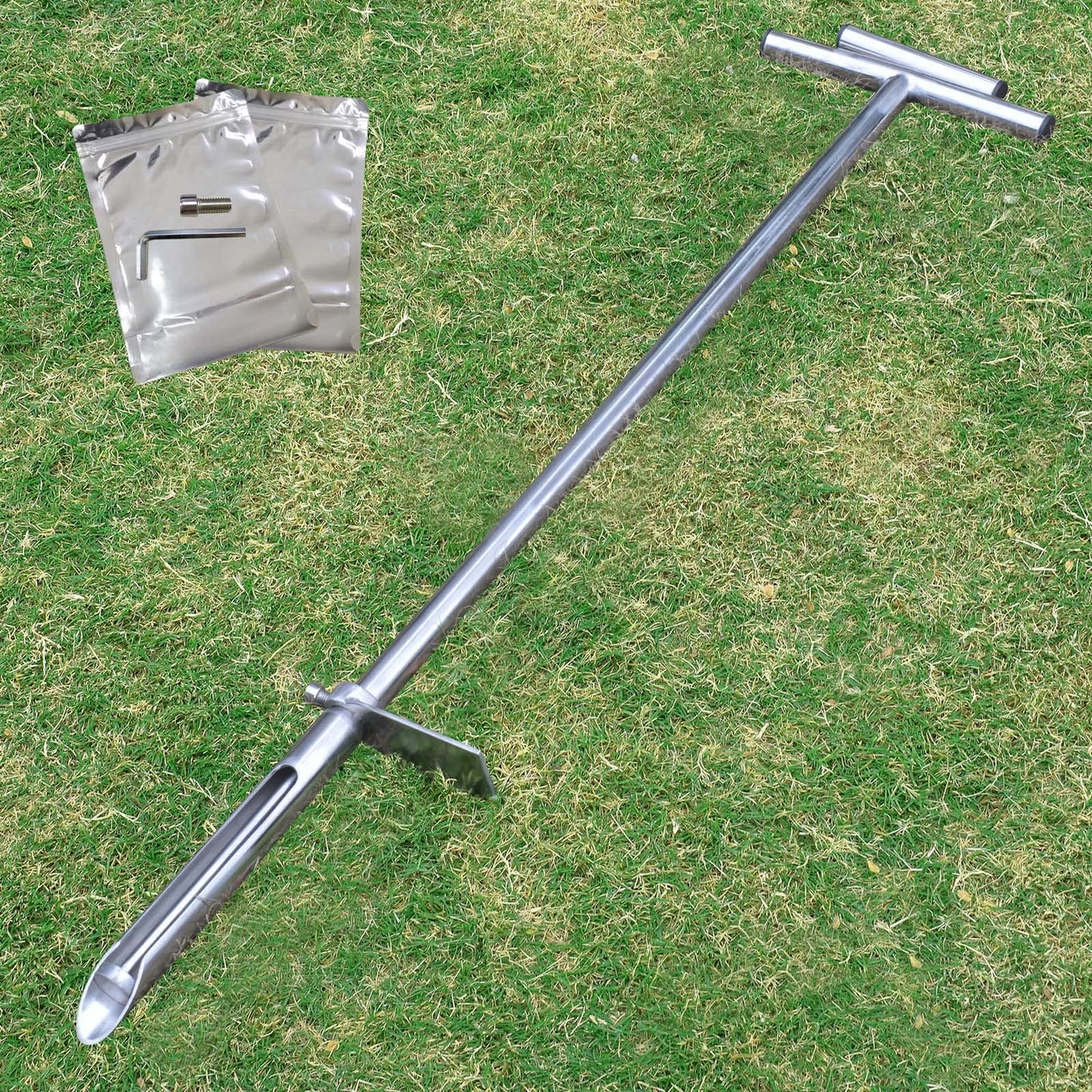Soil Probe 40 Inch with 2 Bags, Soil Sample Probe with Ejector for Lawn House Plants, T-Handle Soil Sampler Probe Rod with Pedal, Stainless Steel Soil Test Kits Tool for Soil Sampling