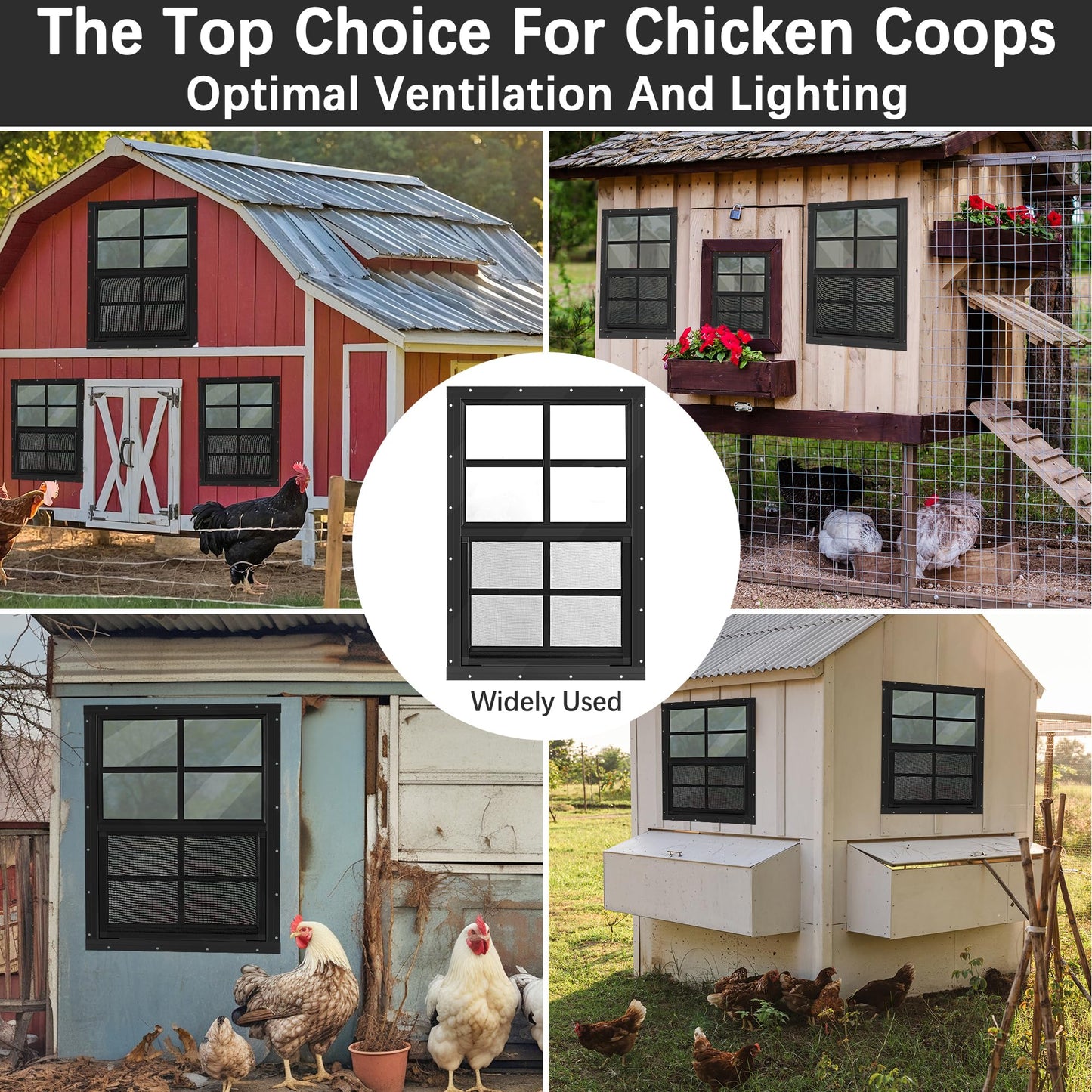 12 * 18 Inch Chicken Coop Window, 2 Pack Black Chicken Coop Shed Household Mobile Home House Small Screen Windows