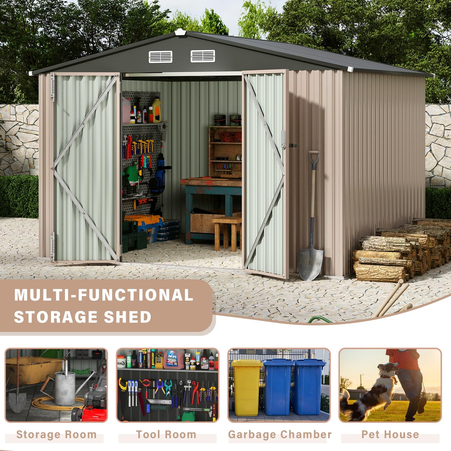 GarveeLife 6x8x6.4 FT Outdoor Storage Sheds, Metal Garden Tool Shed for Backyard, Large Metal Sheds Outdoor Storage with Lockable Doors & Air Vents for Backyard Garden Patio Lawn