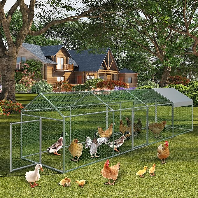 Metal Chicken Coop, 160" x40" x40" Large Chicken Run with 4 Doors, Outdoor Hen House for Yard with Waterproof and Anti-UV Cover, Walk in Poultry Cage for Rabbit Duck Goose, Silver