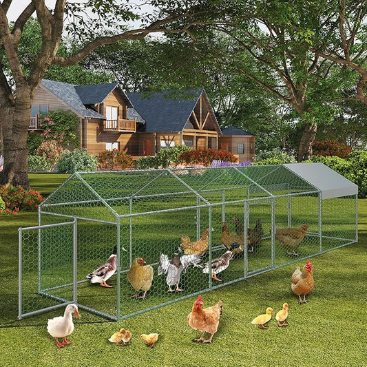 Metal Chicken Coop, 160" x40" x40" Large Chicken Run with 4 Doors, Outdoor Hen House for Yard with Waterproof and Anti-UV Cover, Walk in Poultry Cage for Rabbit Duck Goose, Silver